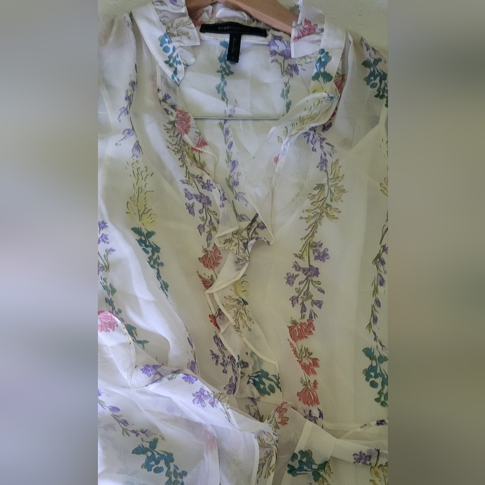 BCBGMaxAzria Cream Sheer Tiered Sundress with Bishop Sleeves - Picture 12 of 13